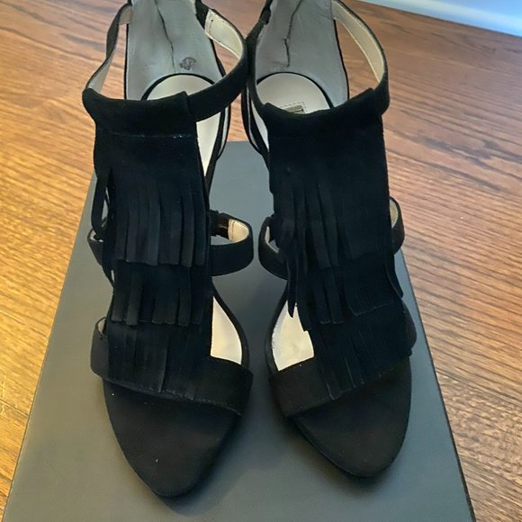 INC International Concepts Black Leather Fringe Heels - Picture 4 of 6